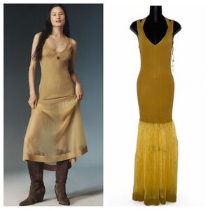 Anthropologie Sheer Panel Ribbed Maxi Sweater Gold Dress Straps NWT M Glam